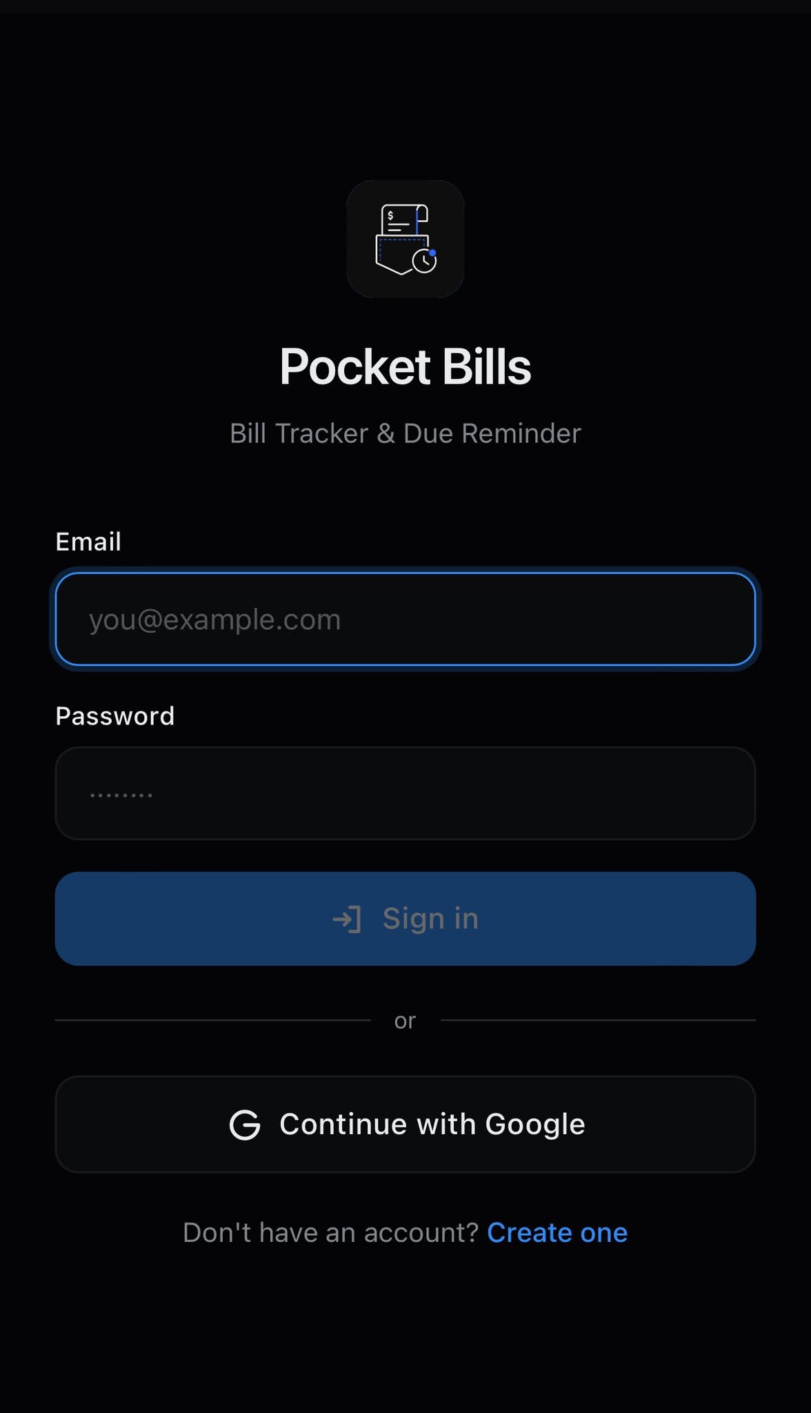 Pocket Bills home screen
