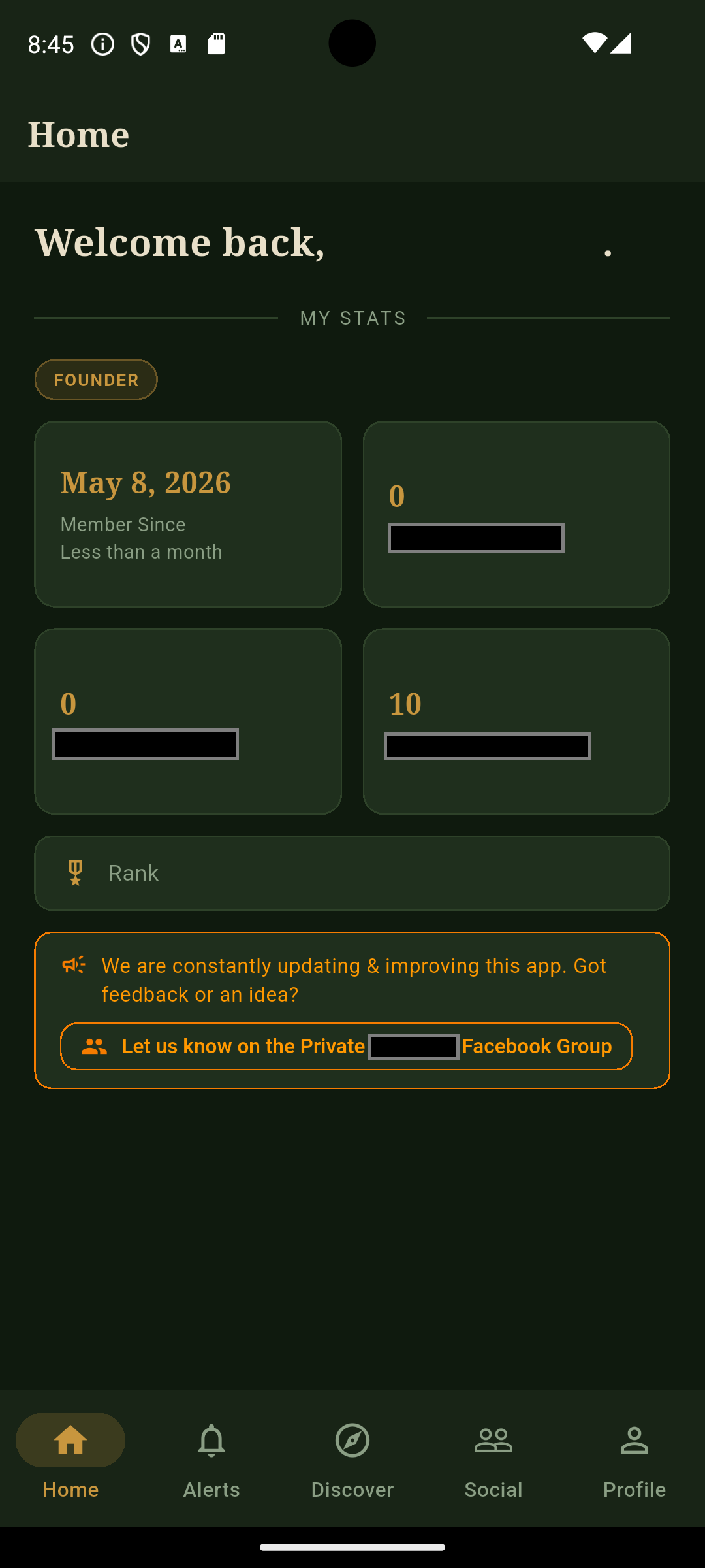 Hunting club mobile app, home screen